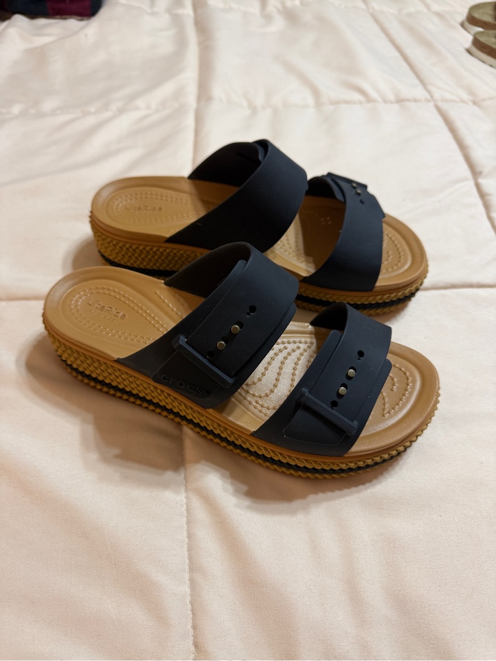 Crocs Two-Strap Platform Slide Sandals in Black and Tan - Picture 3 of 4